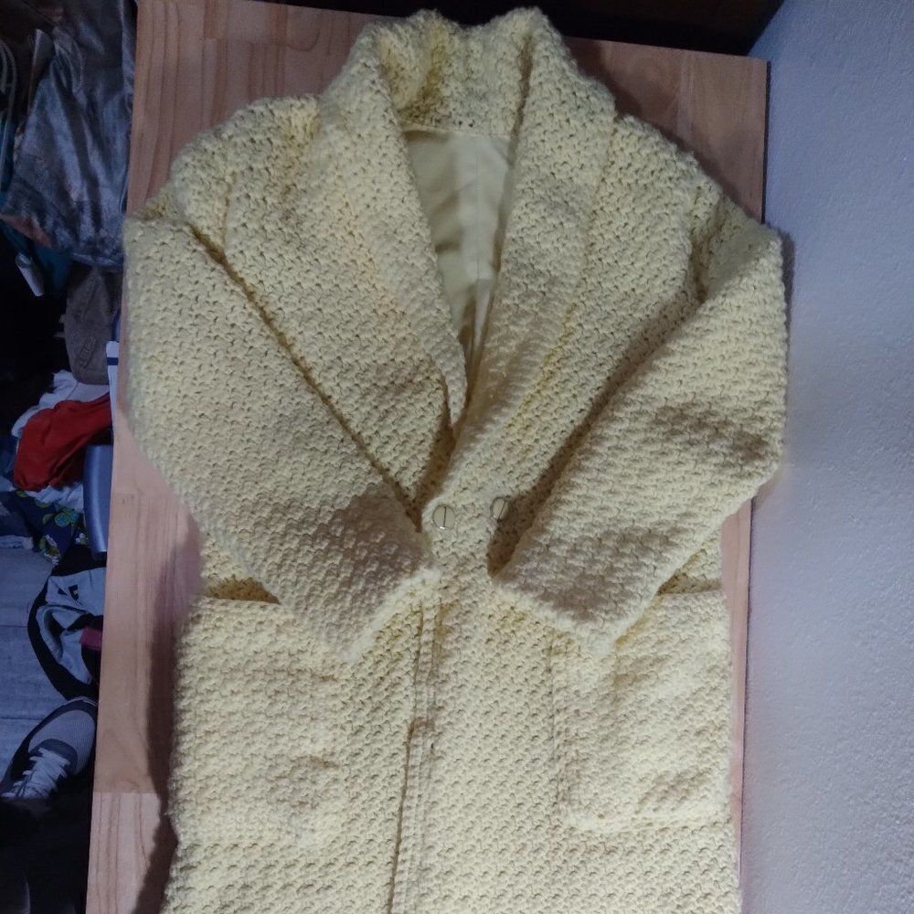 Vintage Handmade Yellow Knit Wool Sweater Coat Long